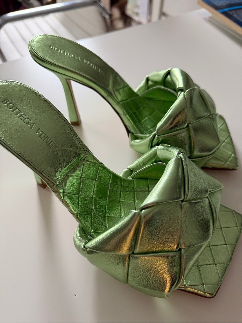 Bottega Veneta Metallic Green Intrecciato Knot Mule Heels